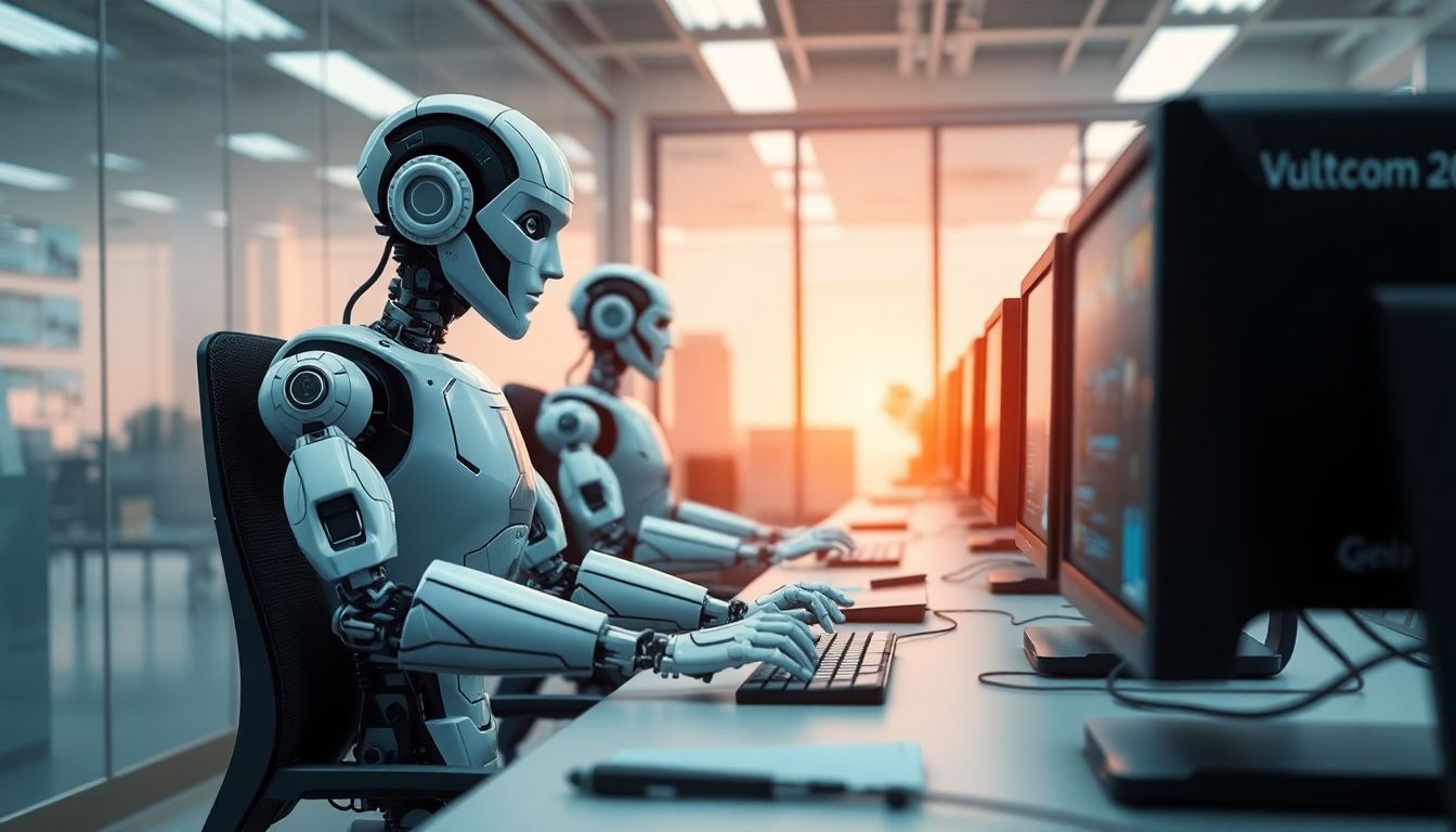 Ilustração de robôs realizando RPA, ou Automação Robótica de Processos