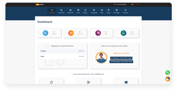 Menu Números e Portabilidade na plataforma