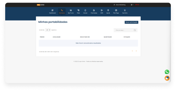 Tela de nova solicitação de portabilidade
