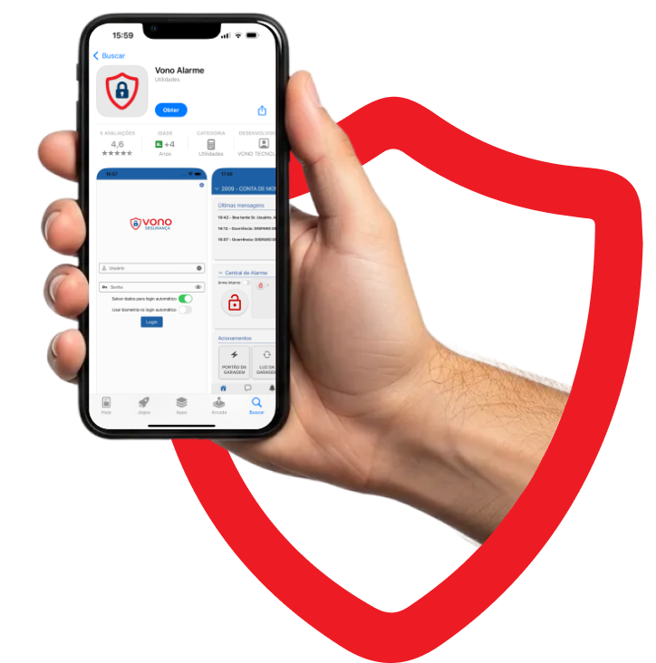 Arte com smartphone exibindo aplicativo Vono e escudo de proteção
