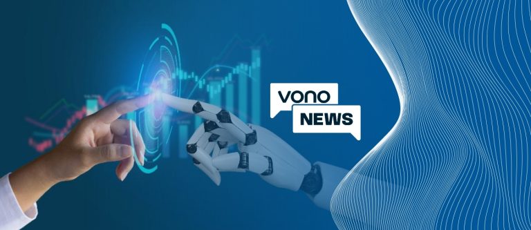 Mão humana e mão que representa a inteligência artificial se tocam, demonstrando o uso de IA em 2026 e a transformação do potencial humano